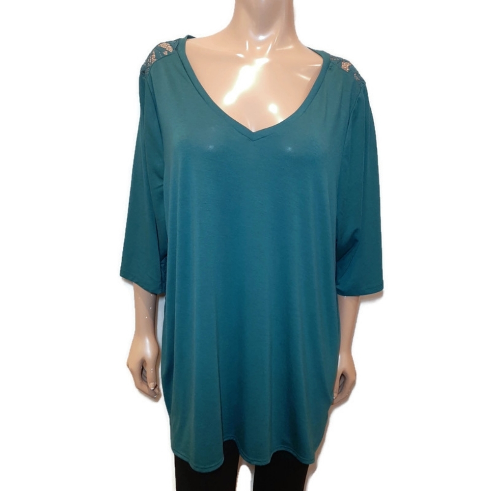 Lane Bryant Teal Sheer Lace Back Blouse Short Sleeve Vneck Top Plus Size 26/28